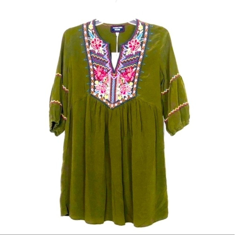 JOHNNY Was green silk embroidered Gypsy Bohemian tunic dress